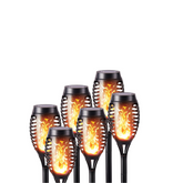 Set of six solar-powered flame lights on a white background
